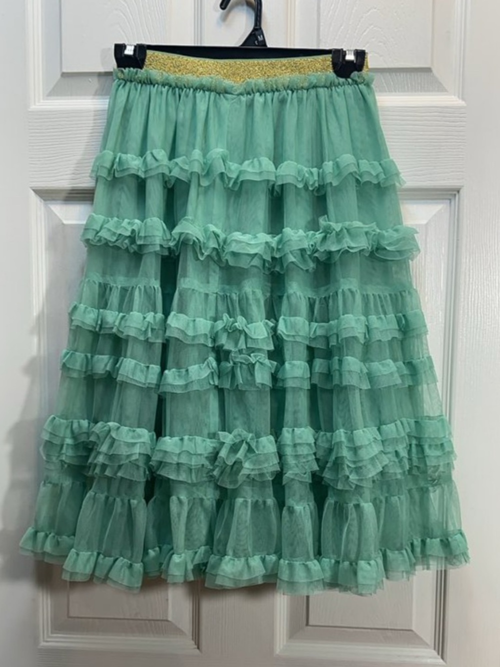 Mini Boden Mint Green Ruffle Tulle Skirt with Gold Waistband